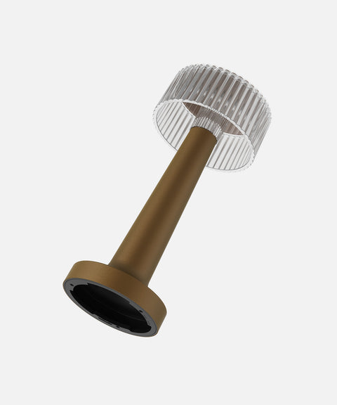 NEOZ Cooee 4 cordless lamp body in Sandblasted Bronze finish with ribbed clear diffuser.