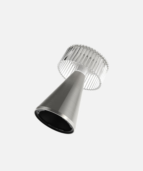 NEOZ Piccolo cordless lamp body in Stainless Steel finish with ribbed clear diffuser.